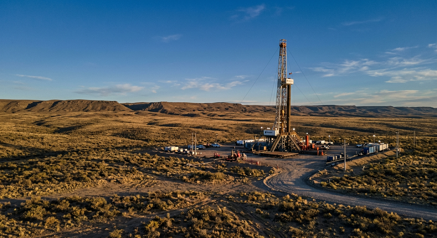 Equipo de perforación en la meseta neuquina, cerca de Añelo